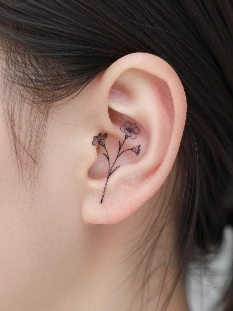 Image Prompt: "Macro shot of a tiny larkspur flower tattoo behind the ear, fine line black ink floral design with small blossoms on a slim stem and soft shading, realistic skin texture, a few loose strands of hair framing the placement, minimal feminine styling, tight crop, soft clean background, tattoo-centered inspiration image (no watermarks on images)"