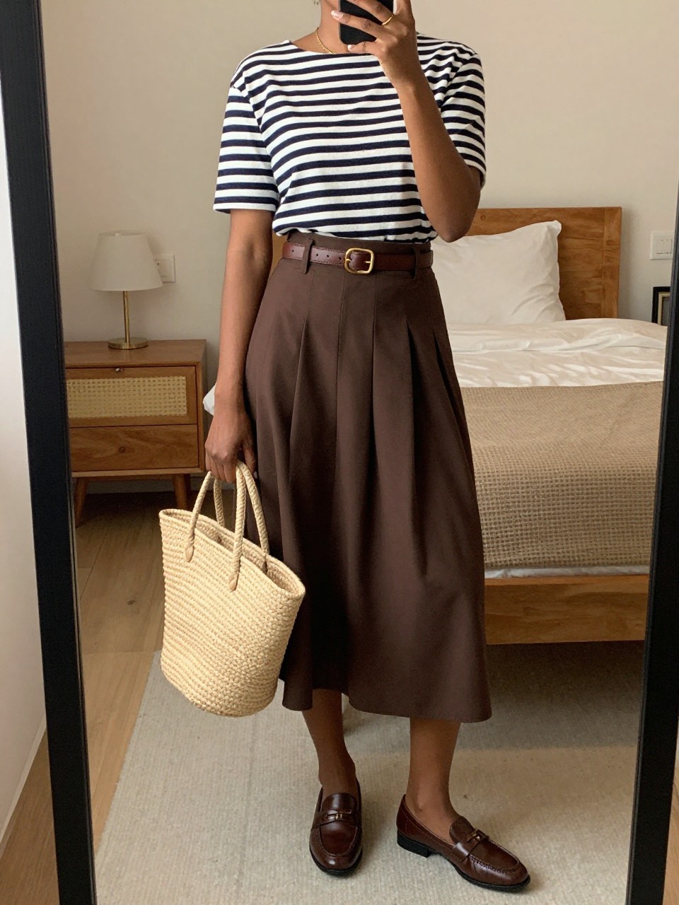 mirror selfie of a black woman wearing a navy and white striped boatneck top tucked into a chocolate brown pleated midi skirt with a brown leather belt cinching her waist and matching brown loafers, holding a natural straw tote bag, standing in a relaxed pose, cropped at NECK so face doesn't show, in a feminine-themed bedroom, warm moody lighting, iPhone photo quality.