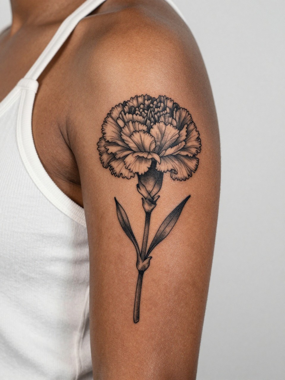 Image Prompt: "Close-up of a carnation tattoo on the upper arm of a black woman, black ink floral design with fine line ruffled petals and soft grey shading, medium-size composition, realistic skin texture, sleeveless blouse edge softly visible, modern feminine tattoo inspiration image, minimal clean background, tattoo dominates the image (no watermarks on images)"
