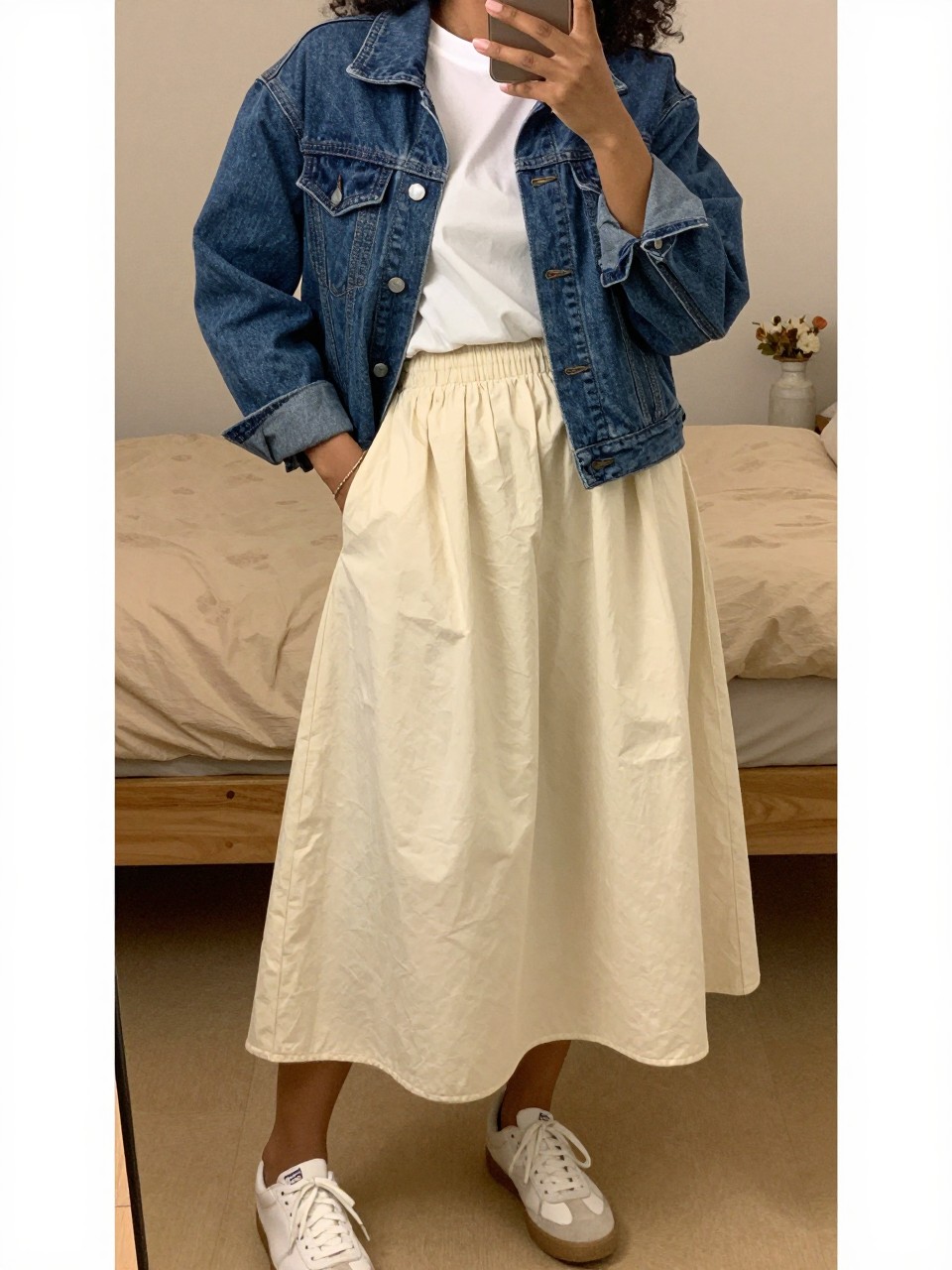 mirror selfie of a black woman wearing a blue denim jacket over a white tee tucked into a soft cream cotton A-line skirt with white sneakers, one hand in her jacket pocket, cropped at NECK so face doesn't show, in a feminine-themed bedroom, warm moody lighting, iPhone photo quality.
