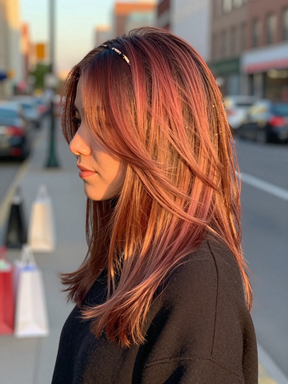 Photo of a woman wearing Beachy Layers With Sunlit Strawberry Highlights highlights and soft texture, side profile view, in a softly blurred city street background, golden hour glow, containing a small lived-in detail such as a headband pushed back and a few shopping bags nearby, latest iPhone photo quality.