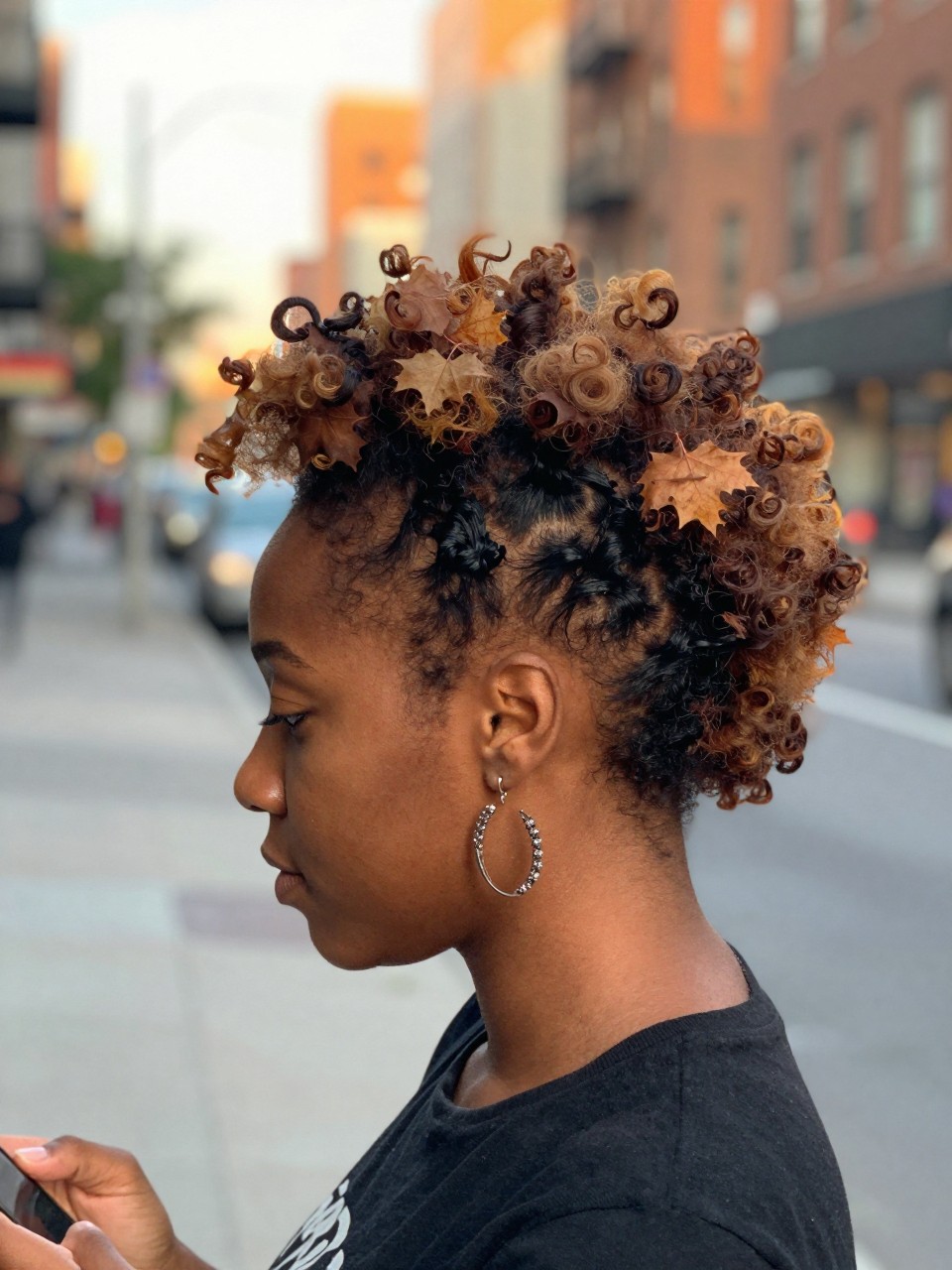 Photo of a Black woman wearing a natural frohawk with maple highlights through the lifted center curls, side profile view, in a softly blurred city street background, golden hour glow, containing a small lived-in detail such as statement earrings peeking through and a small hairbrush in hand, latest iPhone photo quality.