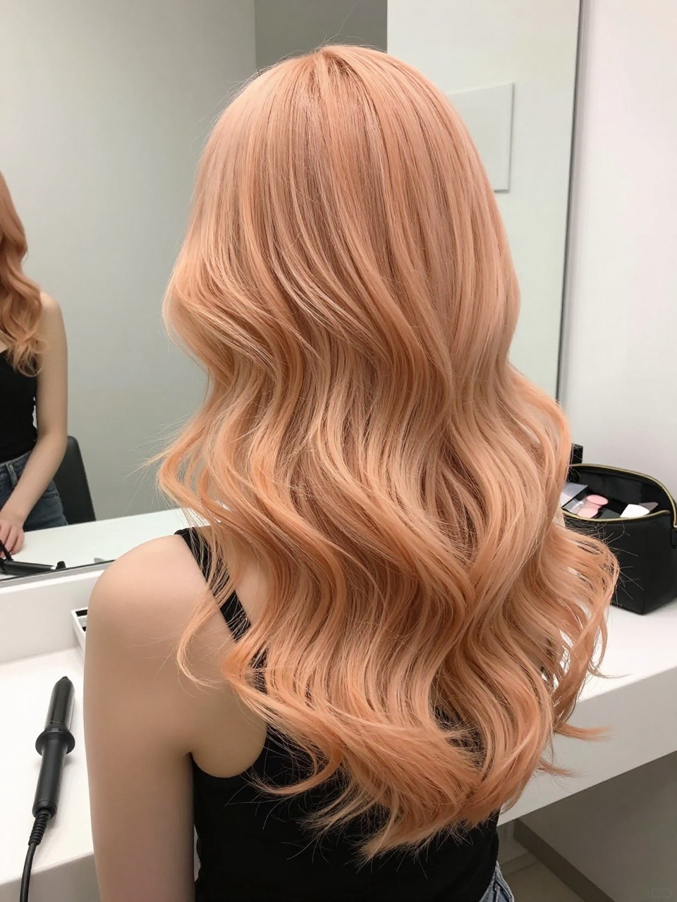 Photo of a woman wearing soft apricot blonde hair in loose brushed waves, back-of-head view to highlight the peachy blonde tone, bathroom vanity mirror setting, soft indoor lighting, with a curling iron on the counter and a makeup bag nearby, latest iPhone photo quality.