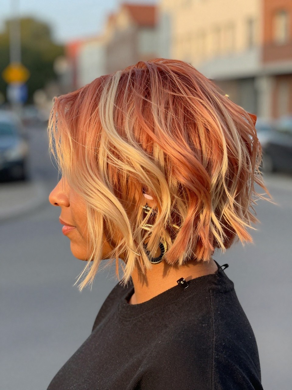 Photo of a biracial woman wearing a tousled strawberry blonde bob with creamy blonde highlights, back-of-head view to highlight details, in a softly blurred city street background, golden hour glow, containing a small lived-in detail such as a hair clip clipped to the collar and statement earrings peeking through, latest iPhone photo quality.