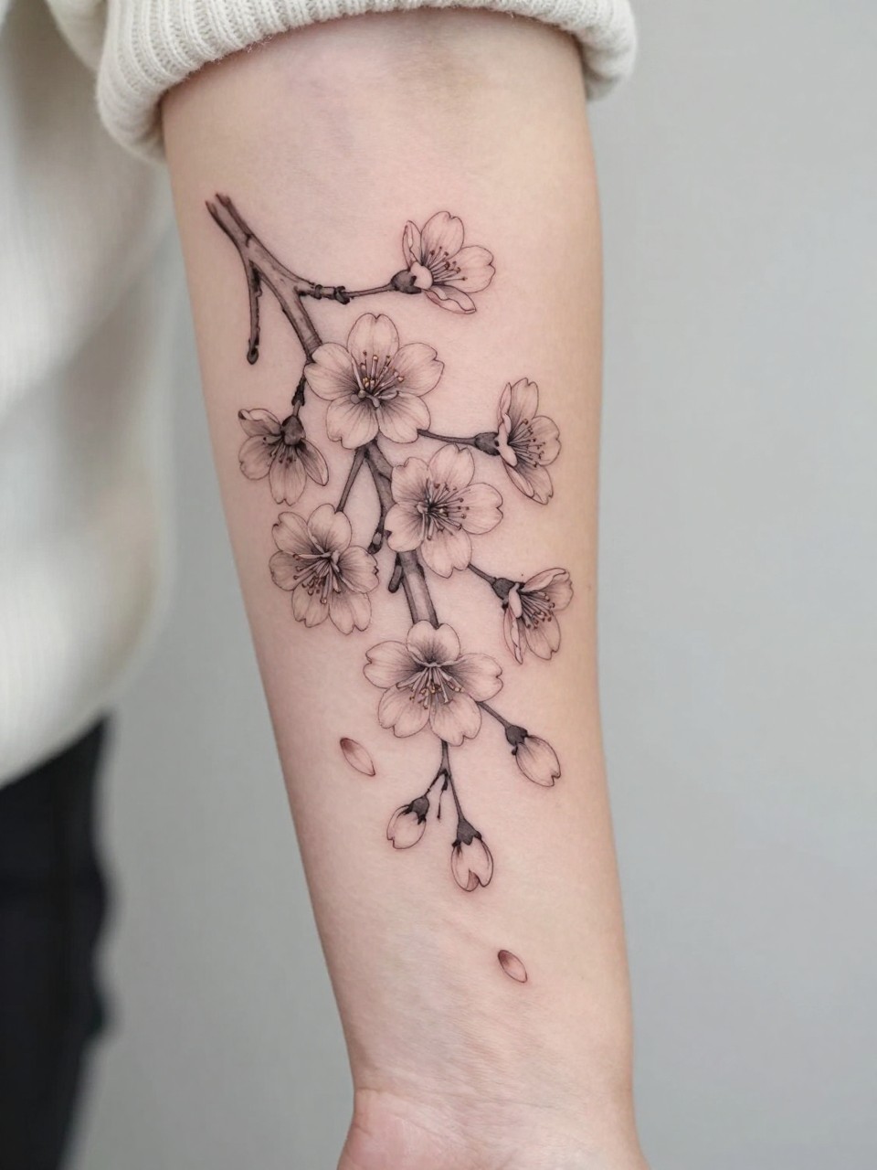 Image Prompt: "Extreme close-up of a Japanese cherry blossom branch tattoo on the forearm, delicate sakura flowers in fine line black and grey ink with soft shading, a few falling petals, elegant curved composition, realistic skin texture, neutral manicure, soft knit sleeve slightly visible, design-focused close-up, feminine modern tattoo inspiration photo, minimal background, tattoo is the clear main subject (no watermarks on images)"