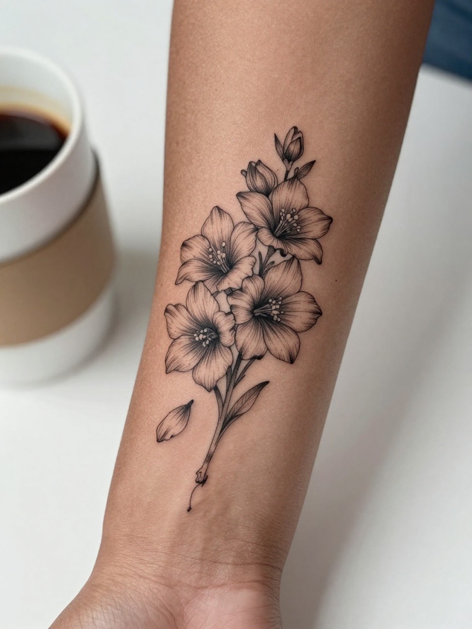 Image Prompt: "Extreme close-up of a larkspur tattoo with a few falling petals on the forearm of black feminine woman, black ink fine line floral design, delicate petal movement, soft shading, realistic skin texture, coffee cup softly blurred nearby, modern feminine tattoo inspiration image, minimal background, tattoo-centered composition (no watermarks on images)"