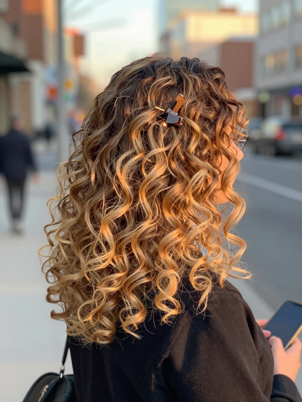 Photo of a woman wearing curly hair with sandy blonde ends and darker roots, back-of-head view to highlight the brighter curled ends, softly blurred city street background, golden hour glow, with a hair clip clipped to her collar and a makeup bag in hand, latest iPhone photo quality.