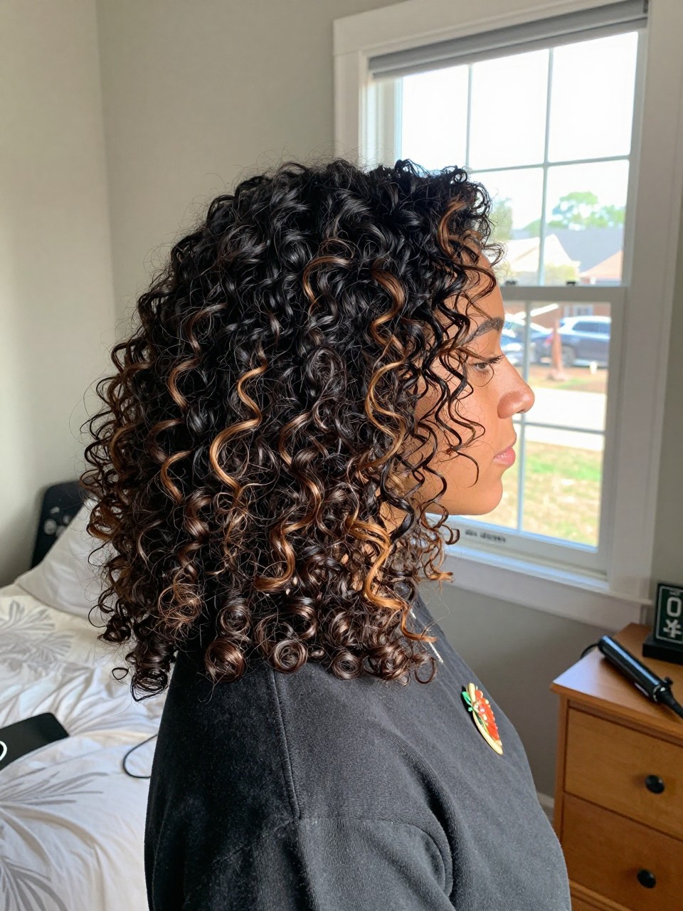 Photo of a biracial woman wearing soft black curls with cinnamon highlight streaks, side profile view, in a sun-drenched bedroom, natural window light, containing a small lived-in detail such as a decorative pin on one side and a curling iron resting on the nightstand, latest iPhone photo quality.