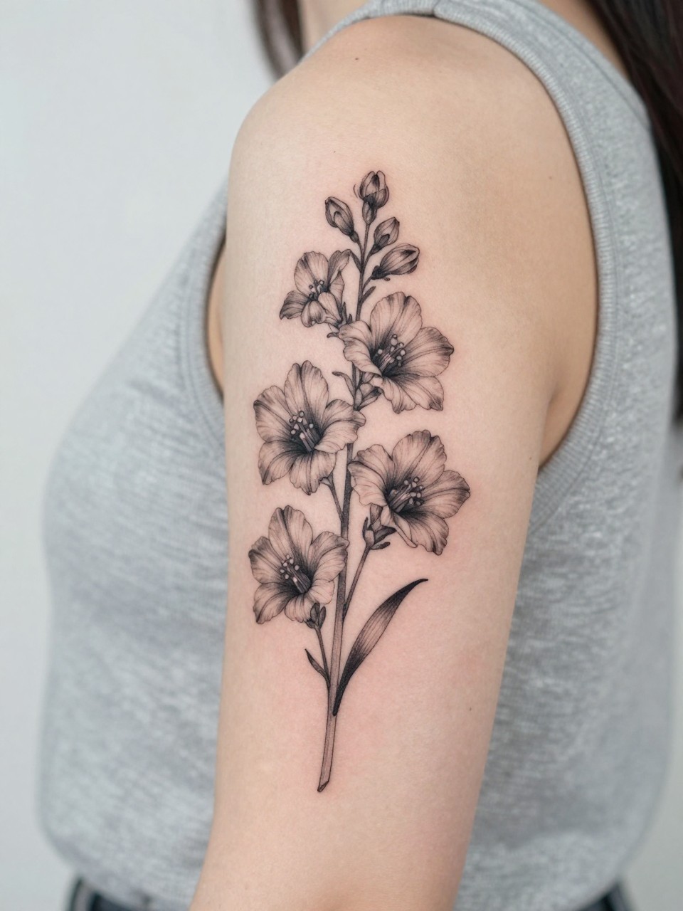 Image Prompt: "Close-up of a larkspur tattoo on the upper arm, black ink floral design with fine line stem, delicate layered blossoms, and soft grey shading, medium-size composition, realistic skin texture, sleeveless blouse edge softly visible, modern feminine tattoo inspiration image, minimal clean background, tattoo dominates the image (no watermarks on images)"