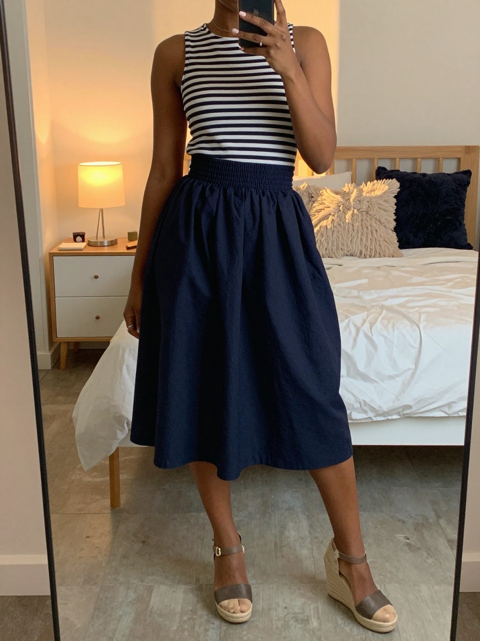 mirror selfie of a black woman in a striped top and a navy balloon skirt with espadrille wedges, holding her phone up to take a mirror pic, cropped at NECK so face doesn't show, in a feminine-themed bedroom, evening golden hour, iPhone photo quality.