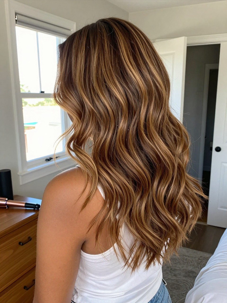 Photo of a black woman wearing sun-kissed bronde balayage in loose textured waves, back-of-head view to highlight the blended brown and blonde tones, sun-drenched bedroom setting, natural window light, with a curling wand on the dresser and a slightly open closet behind, latest iPhone photo quality.