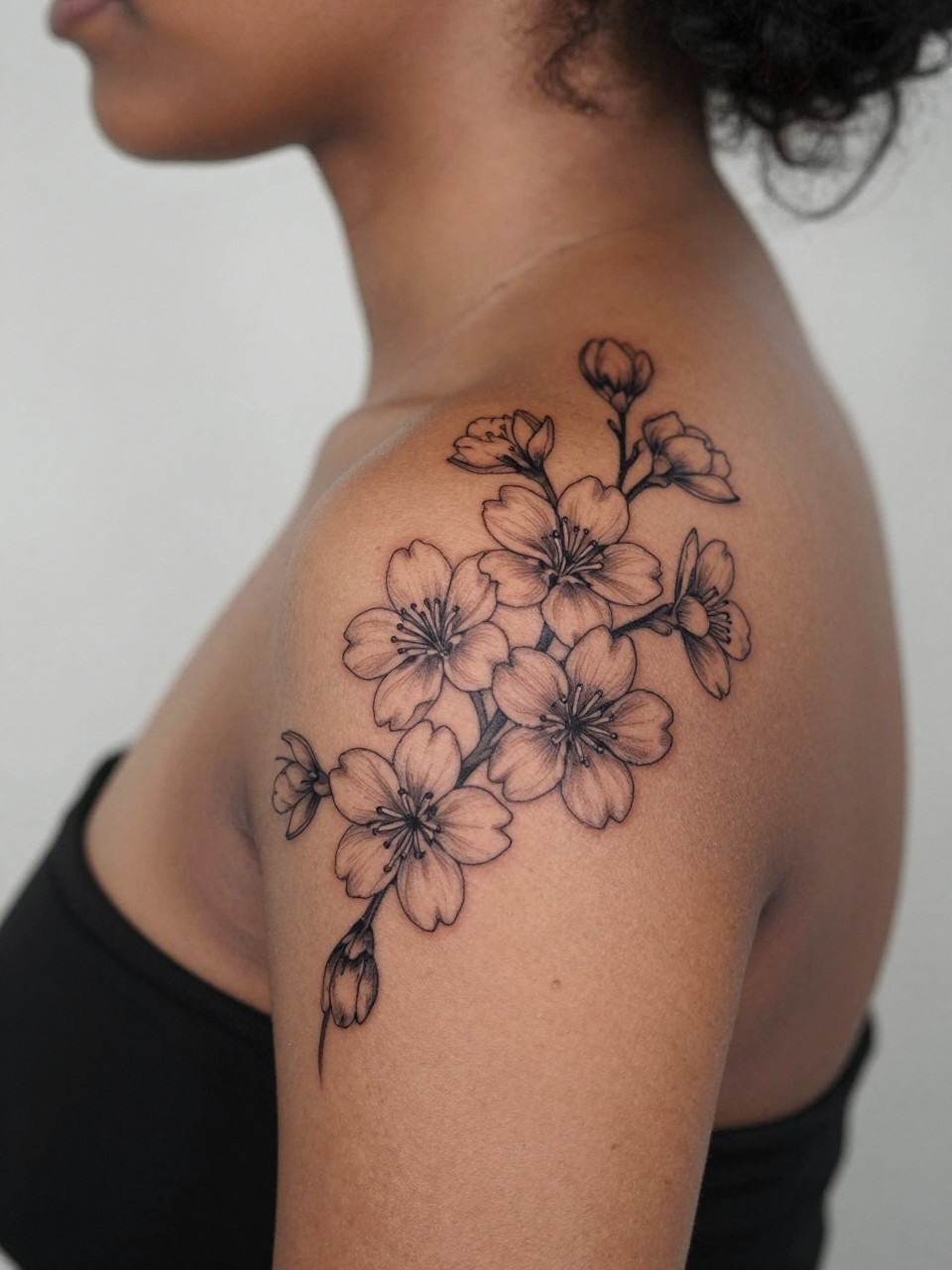 Image Prompt: "Design-focused close-up of a blooming sakura tattoo on the shoulder blade of a black feminine woman, black ink fine line floral style with soft grey shading, delicate cherry blossom petals, realistic skin texture, hair loosely pinned up, clean feminine styling, soft minimal background, tattoo fills most of the frame (no watermarks on images)"