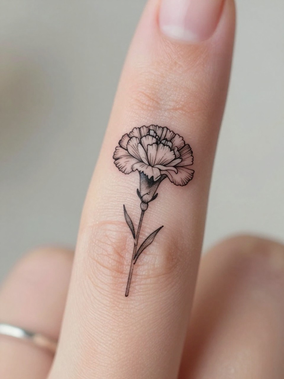 Image Prompt: "Macro shot of a micro carnation tattoo on the side of the finger, black ink fine line floral design, tiny stem and delicate ruffled petals, minimalist micro tattoo style, realistic skin texture, delicate rings, neutral manicure, very tight crop, soft blurred background, feminine tattoo inspiration photo with tattoo as the main focus (no watermarks on images)"