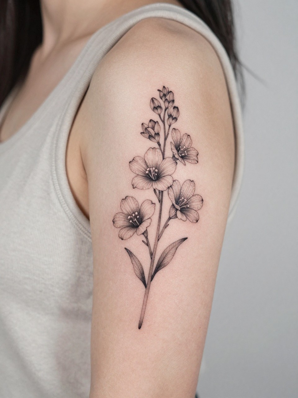 Image Prompt: "Extreme close-up of a larkspur flower tattoo with soft dotwork accents on the upper arm, black ink fine line floral design, tiny blossoms, subtle dotwork detail, light shading, realistic skin texture, sleeveless neutral top softly visible, feminine lifestyle-inspired tattoo image, minimal clean background, tattoo is the main focus (no watermarks on images)"