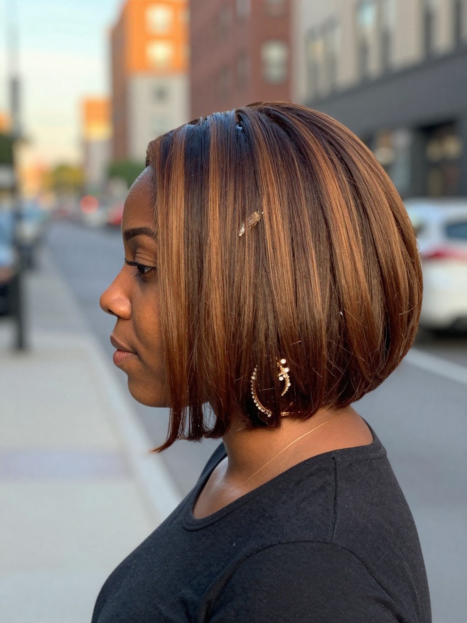 Photo of a BLACK woman wearing a short brown side-part bob with cinnamon highlights and smooth curved ends, side profile view, in a softly blurred city street background, golden hour glow, containing a small lived-in detail such as a decorative clip on one side and statement earrings peeking through, latest iPhone photo quality.