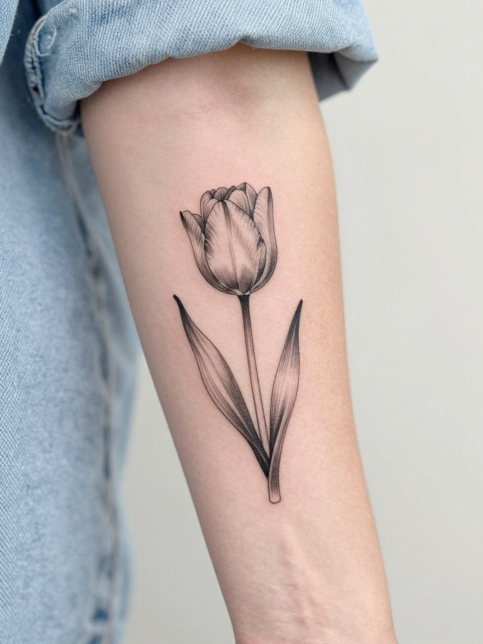 Image Prompt: "Close-up of a single tulip stem tattoo on the forearm, black ink fine line floral design with smooth petals, slender stem, subtle grey shading, realistic skin texture, light denim sleeve softly blurred near the edge, design-first composition, feminine modern tattoo inspiration photo, minimal background (no watermarks on images)"