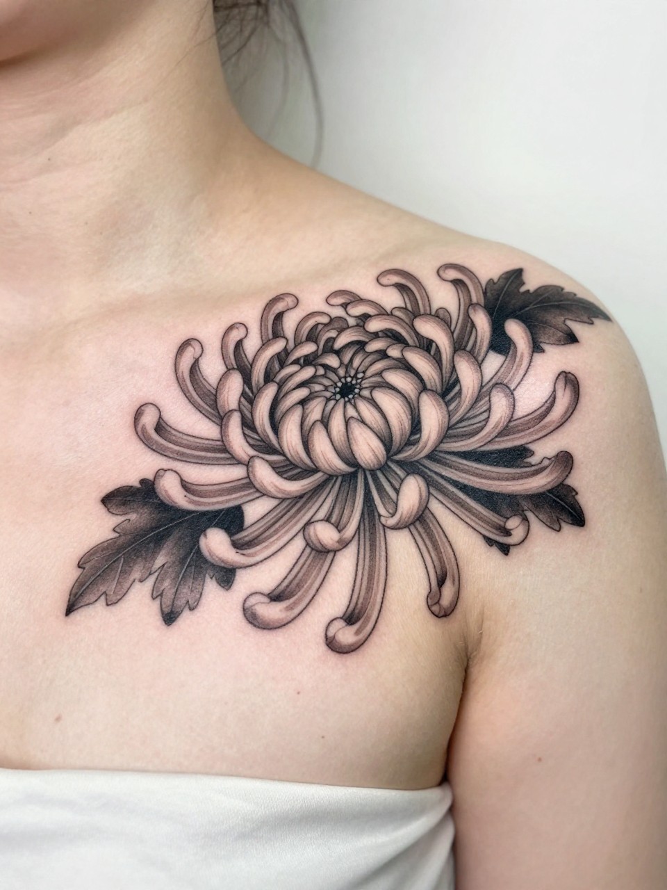 Image Prompt: "Design-focused close-up of a Japanese chrysanthemum flower tattoo along the collarbone, black and grey ink, many fine petals, soft shading, detailed traditional-inspired floral design, realistic skin texture, satin neckline at the edge of the frame, feminine tattoo inspiration photo, soft clean background, tattoo occupies most of the visual focus (no watermarks on images)"
