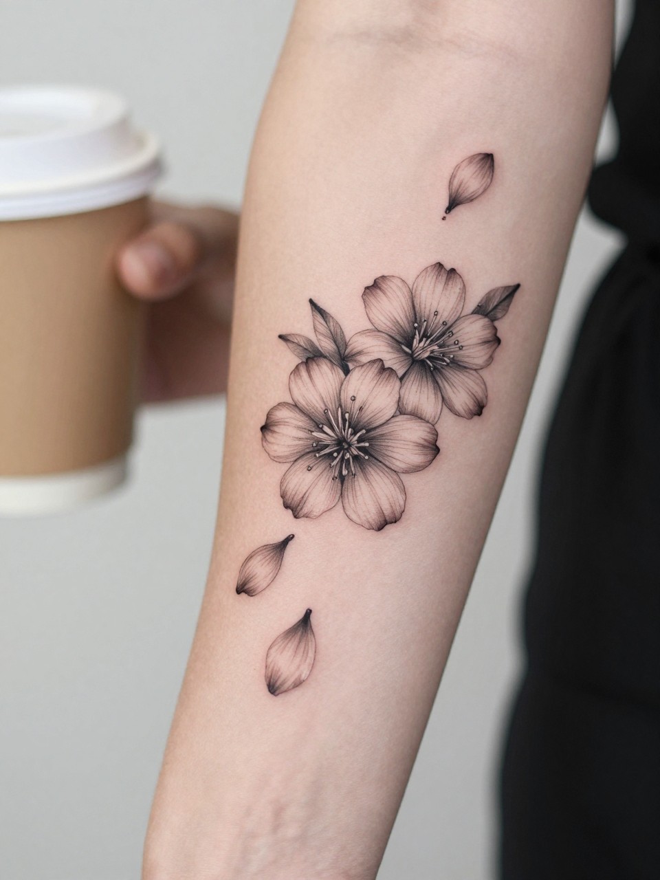 Image Prompt: "Extreme close-up of a hawthorne tattoo with a few falling petals on the forearm, black ink fine line floral design, delicate petal movement, soft shading, realistic skin texture, coffee cup softly blurred nearby, modern feminine tattoo inspiration image, minimal background, tattoo-centered composition (no watermarks on images)"