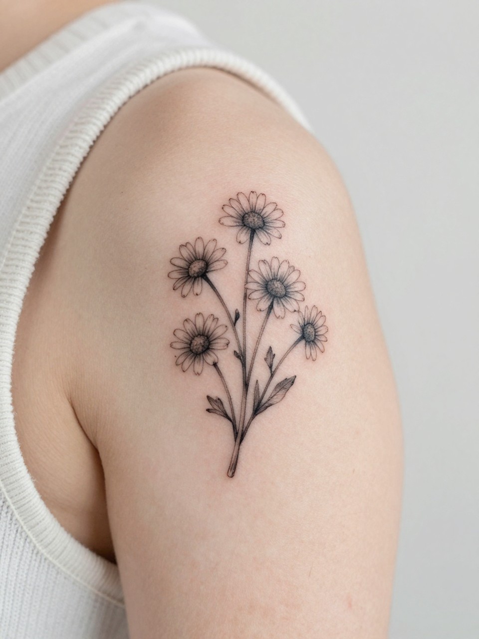 Image Prompt: "Macro shot of a tiny daisy cluster tattoo on the shoulder cap, black ink fine line floral design with small open petals and soft shading, realistic skin texture, soft knit fabric slightly visible near the edge, tight crop, feminine tattoo inspiration image, clean minimal background, tattoo-centered composition (no watermarks on images)"