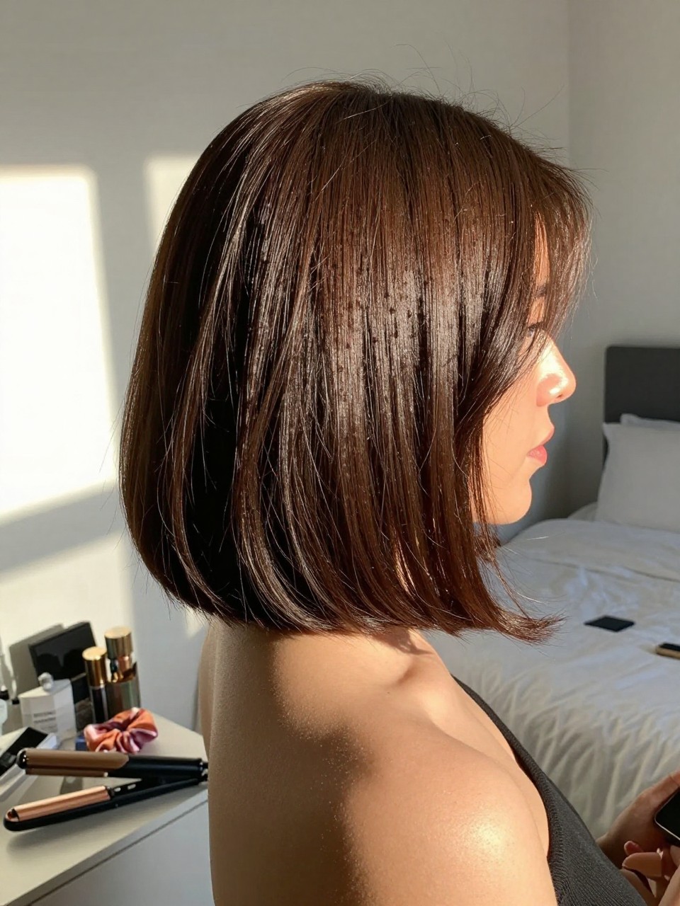Photo of a woman wearing a dark chocolate brown bob styled sleek with softly curved ends, side profile view, sun-drenched bedroom setting, natural window light, with a flat iron on the vanity and a silk scrunchie on her wrist, latest iPhone photo quality.