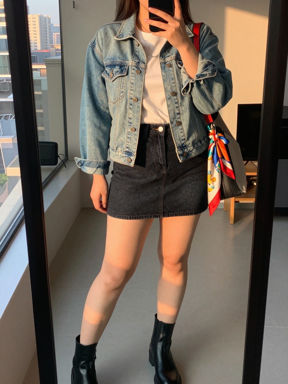 iPhone mirror selfie of a curvy woman wearing a light-wash denim jacket over a white tee tucked into a dark-wash denim mini skirt with black ankle boots and a colorful silk scarf tied at her bag, standing in a confident pose, cropped at NECK so face doesn't show, in a city apartment, evening golden hour, iPhone photo quality.