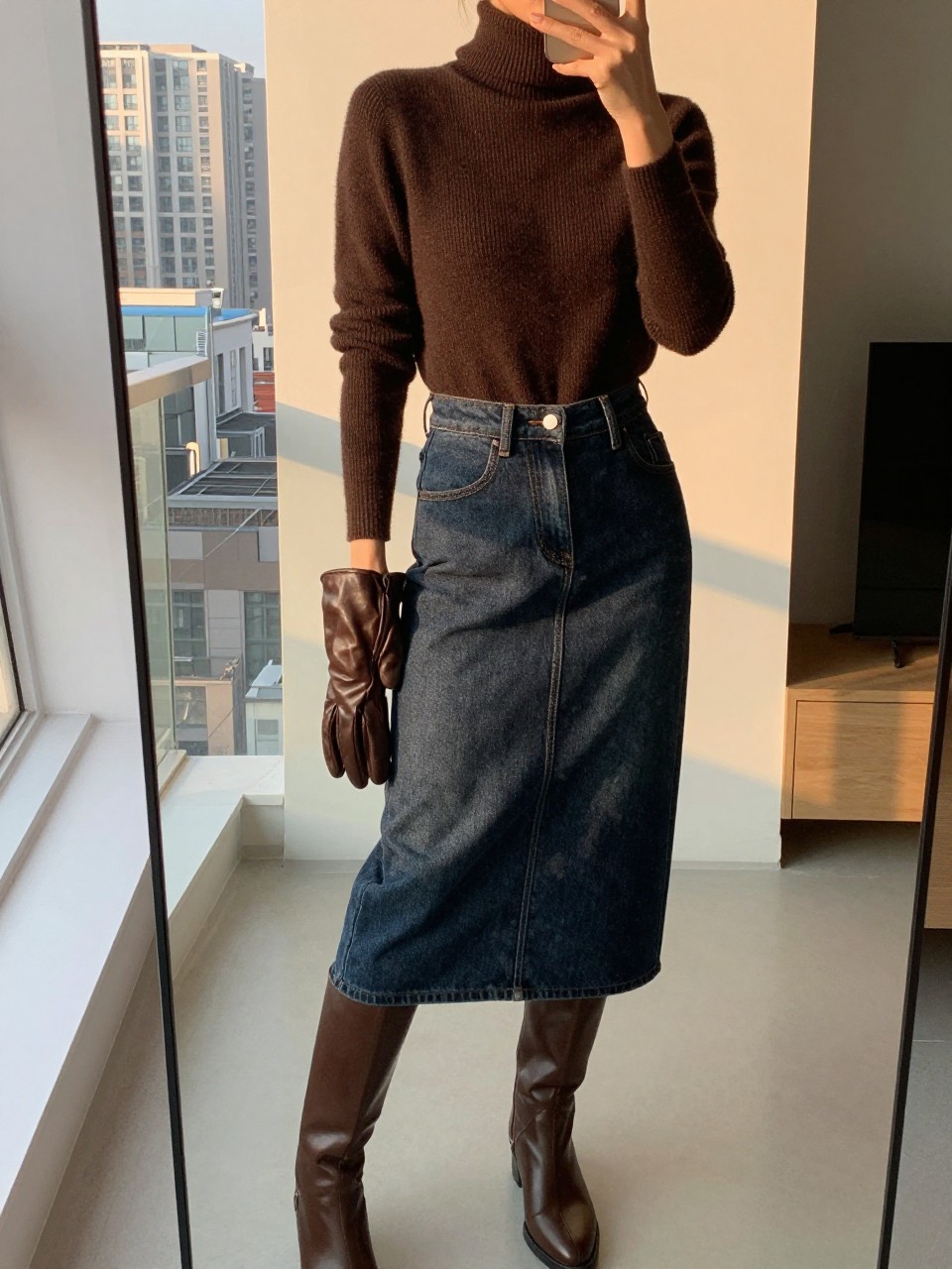 iPhone mirror selfie of a woman wearing a chocolate brown fine-knit turtleneck tucked into a dark-wash denim midi skirt with matching brown knee-high boots, holding leather gloves, standing in an elegant pose, cropped at NECK so face doesn't show, in a city apartment, evening golden hour, iPhone photo quality.
