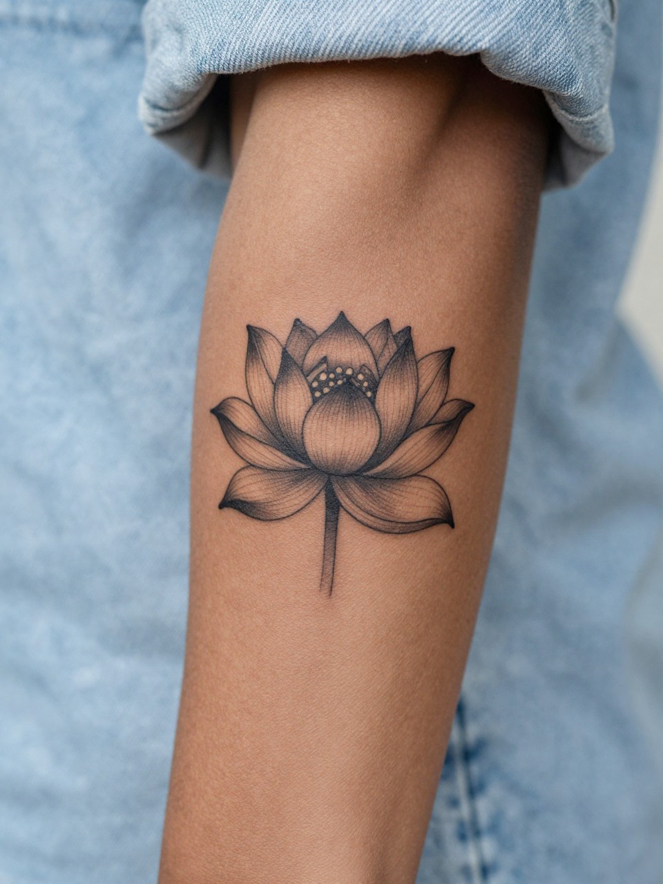 Image Prompt: "Close-up of a soft shaded black ink lotus flower tattoo on the forearm of black feminine woman, medium-size design, delicate petal layers, fine line outline with subtle grey shading, realistic skin texture, light denim sleeve softly blurred near the edge, tattoo-centered composition, minimal feminine lifestyle context, soft natural lighting, clean modern inspiration image (no watermarks on images)"