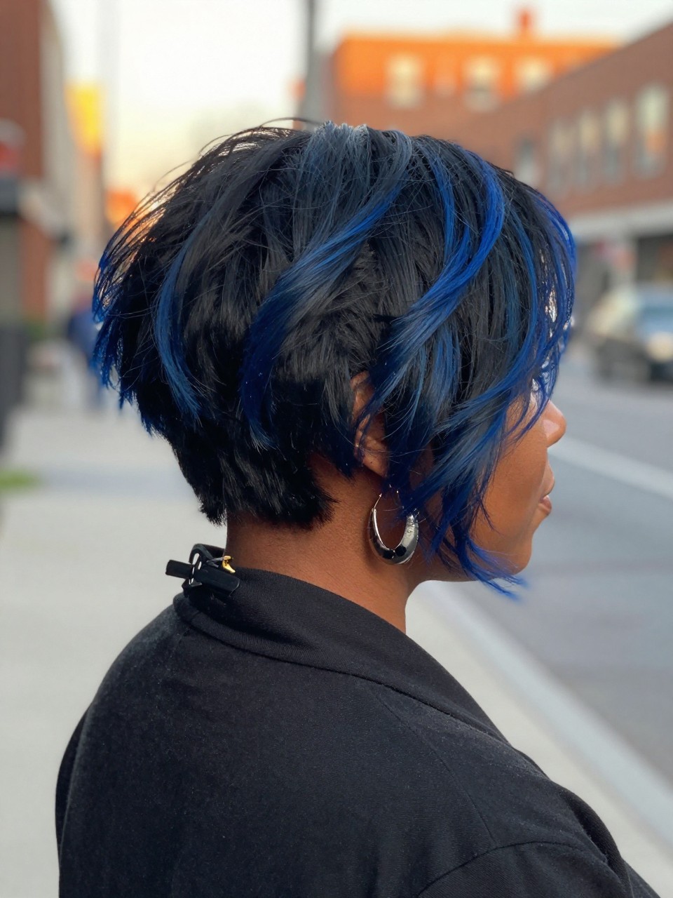 Photo of a black woman wearing a tousled black bob with electric blue highlights and soft choppy texture, back-of-head view to highlight details, in a softly blurred city street background, golden hour glow, containing a small lived-in detail such as a hair clip clipped to the collar and statement earrings peeking through, latest iPhone photo quality.