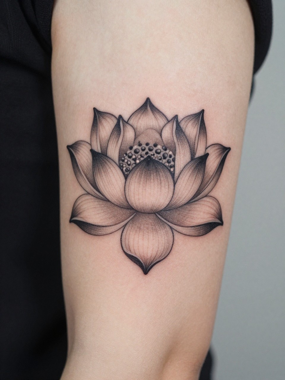 Image Prompt: "Macro shot of a Japanese lotus flower tattoo on the inner of black feminine woman arm, fine line black ink with soft grey shading, balanced petal symmetry, delicate ornamental detail, realistic skin texture, gold bracelet lightly visible, tight crop, feminine and softly emotional tattoo inspiration image, minimal background, tattoo clearly in focus (no watermarks on images)"