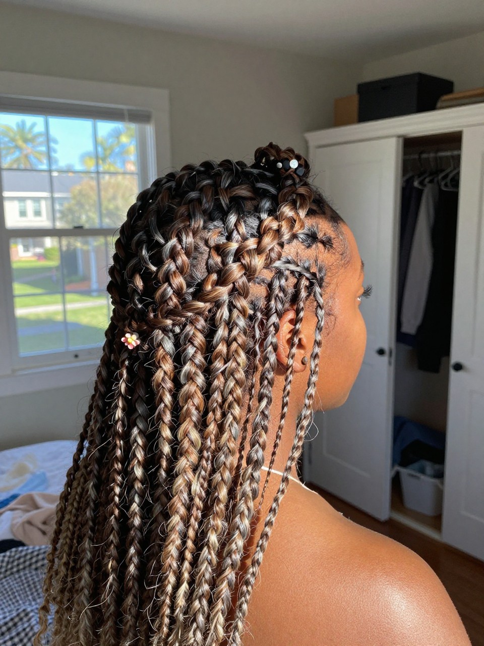 Photo of a BLACK woman wearing a braided crown on ash brown hair with cool blonde highlights woven throughout, back-of-head view to highlight details, in a sun-drenched bedroom, natural window light, containing a small lived-in detail such as a tiny flower pin and a slightly open closet behind, latest iPhone photo quality.