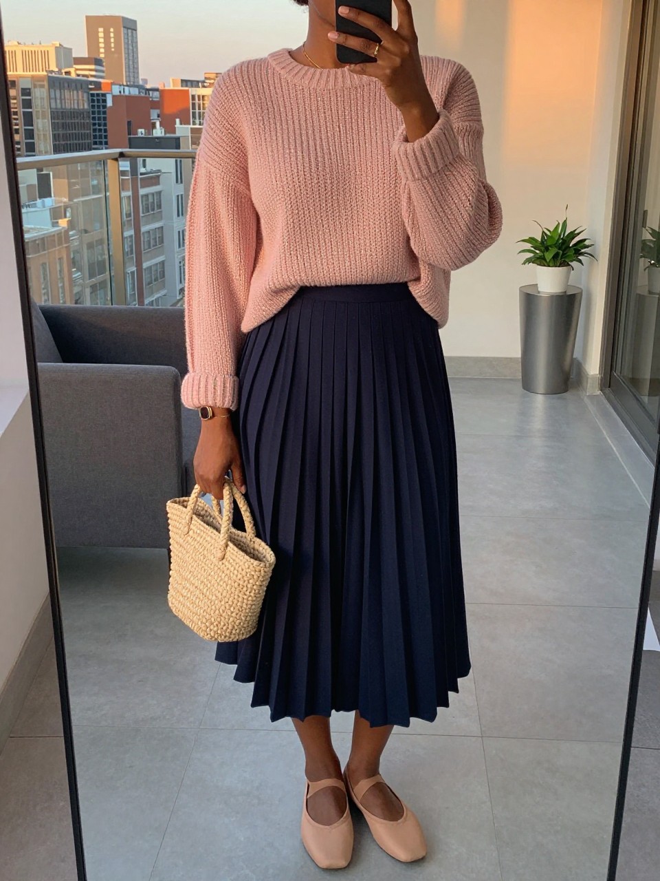 mirror selfie of a black woman wearing a blush pink fine-knit sweater tucked into a navy blue pleated midi skirt with nude ballet flats and delicate gold jewelry, holding a small straw bag, standing in a soft romantic pose, cropped at NECK so face doesn't show, in a city apartment, evening golden hour, iPhone photo quality.