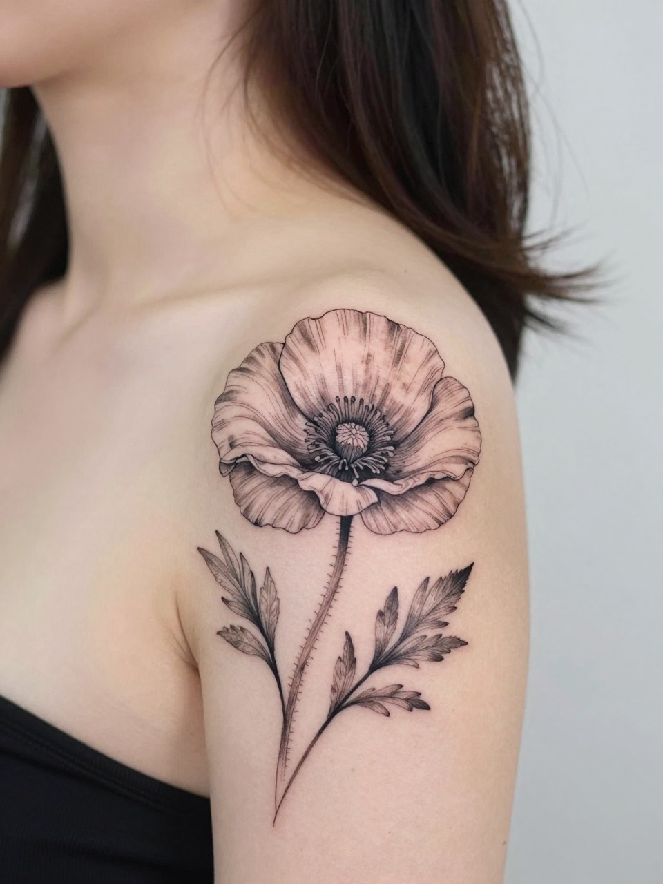 Image Prompt: "Design-focused close-up of a blooming poppy tattoo on the shoulder blade, black ink fine line floral style with soft grey shading, full open petals, realistic skin texture, hair loosely pinned up, clean feminine styling, soft minimal background, tattoo fills most of the frame (no watermarks on images)"