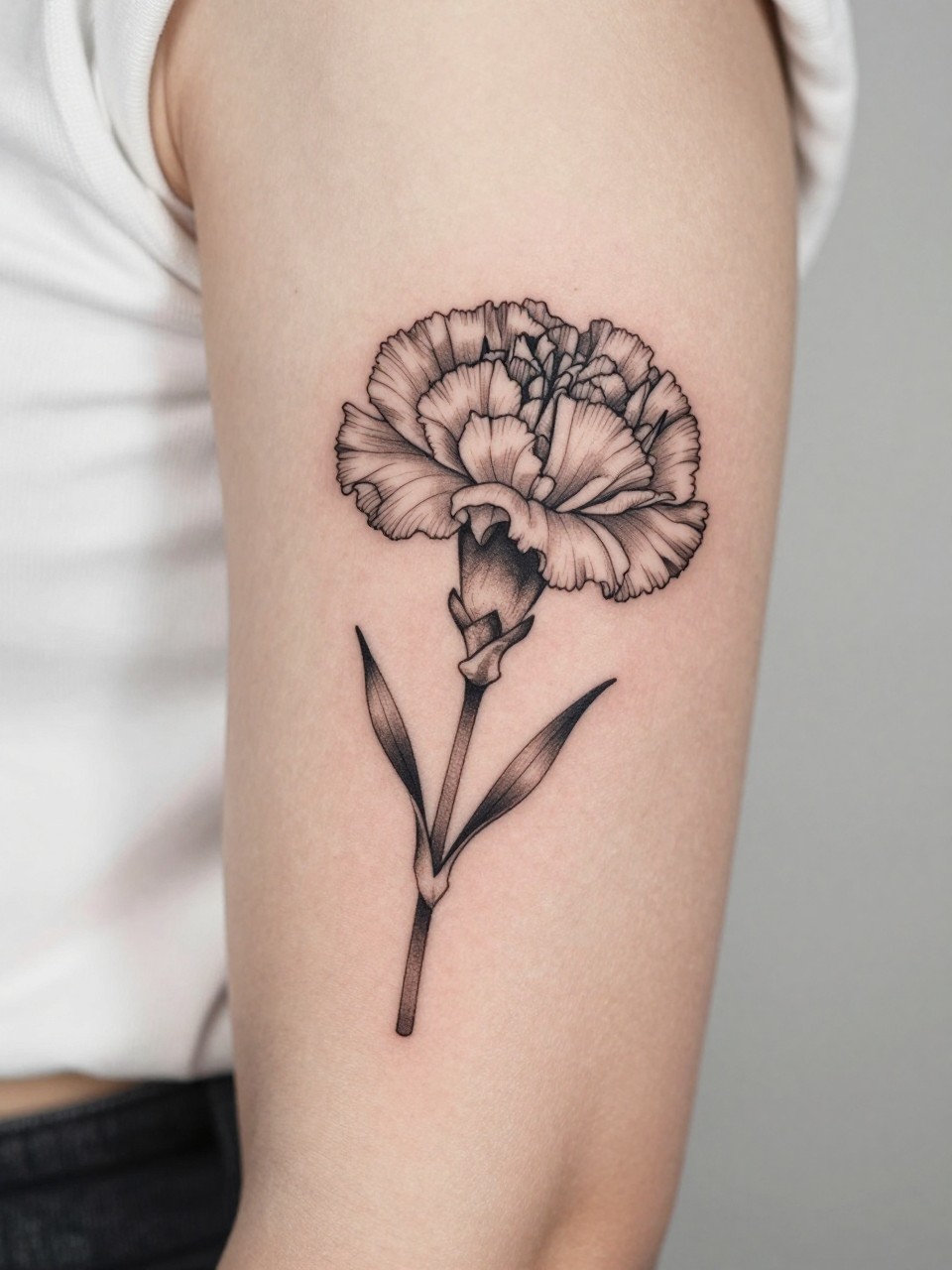 Image Prompt: "Design-focused close-up of a carnation tattoo on the inner bicep, black ink fine line floral style, soft ruffled petals with subtle shading, realistic skin texture, satin ribbon nearby as a subtle feminine detail, tight crop, minimal soft background, modern lifestyle-inspired tattoo image, tattoo is the clear main subject (no watermarks on images)"