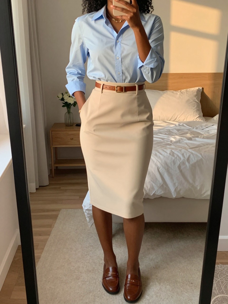iPhone mirror selfie of a black woman wearing a light blue button-down shirt tucked into a soft cream pencil skirt with brown leather loafers and a matching belt, one hand in her pocket, cropped at NECK so face doesn't show, in a feminine-themed bedroom, evening golden hour, iPhone photo quality.