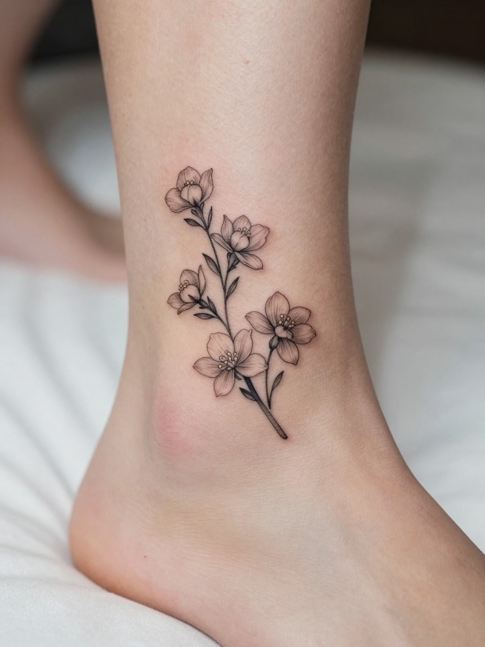 Image Prompt: "Macro shot of a minimalist jasmine tattoo on the ankle, black ink fine line floral design with tiny petals and very subtle shading, realistic skin texture, neutral pedicure, soft bedding in the background, design-first composition, modern feminine tattoo inspiration photo, tattoo clearly in focus (no watermarks on images)"