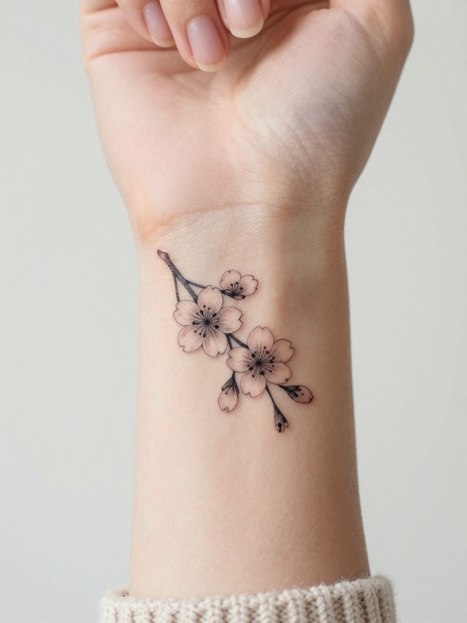 Image Prompt: "Extreme close-up of a fine line sakura flower tattoo on the inner wrist, delicate black ink floral design with tiny open cherry blossom petals, subtle grey shading, minimalist feminine style, realistic skin texture, neutral manicure, soft knit sweater sleeve slightly visible, design-focused close-up, clean soft background, modern tattoo inspiration photo, tattoo is the clear main subject (no watermarks on images)"