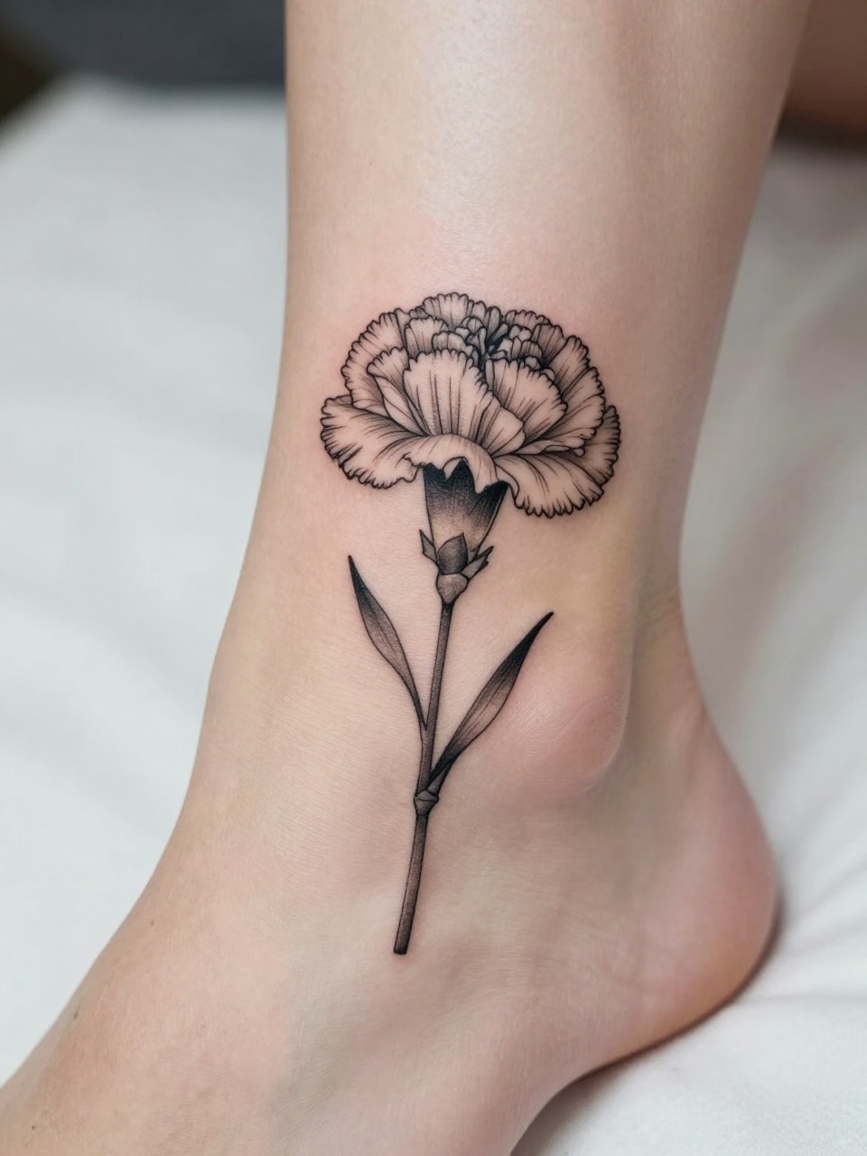 Image Prompt: "Macro shot of a minimalist carnation tattoo on the ankle, black ink fine line floral design with tiny ruffled petals and very subtle shading, realistic skin texture, neutral pedicure, soft bedding in the background, design-first composition, modern feminine tattoo inspiration photo, tattoo clearly in focus (no watermarks on images)"