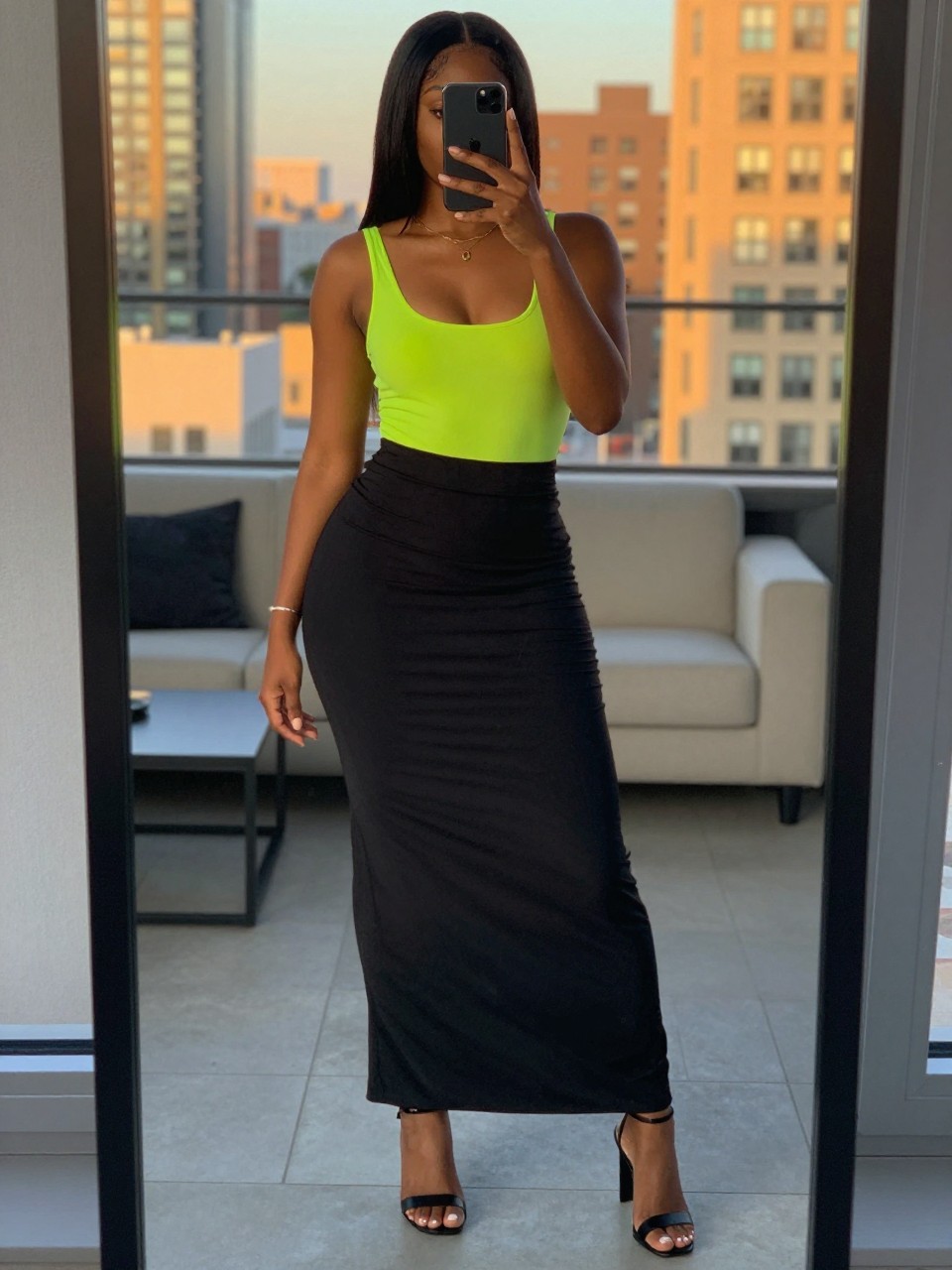 iPhone mirror selfie of a black woman in a black maxi skirt and bright bodysuit with heeled sandals, holding phone at chest, cropped at NECK so face doesn't show, in a city apartment, evening golden hour, iPhone photo quality.