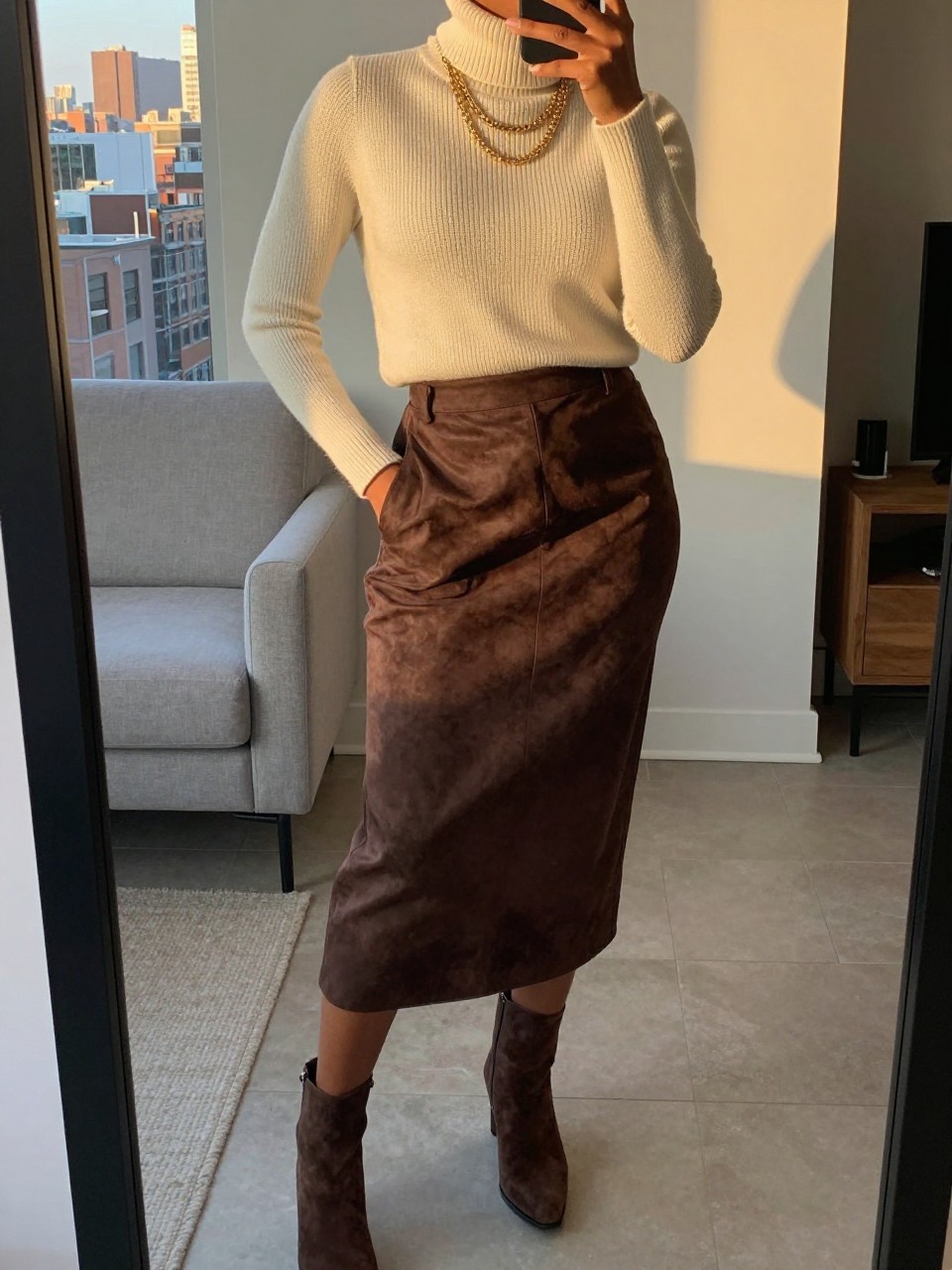 mirror selfie of a black woman wearing a cream fine-knit turtleneck tucked into a chocolate brown suede midi skirt with matching brown suede ankle boots and layered gold necklaces, standing in an elegant pose with one hand in her pocket, cropped at NECK so face doesn't show, in a city apartment, evening golden hour, iPhone photo quality.