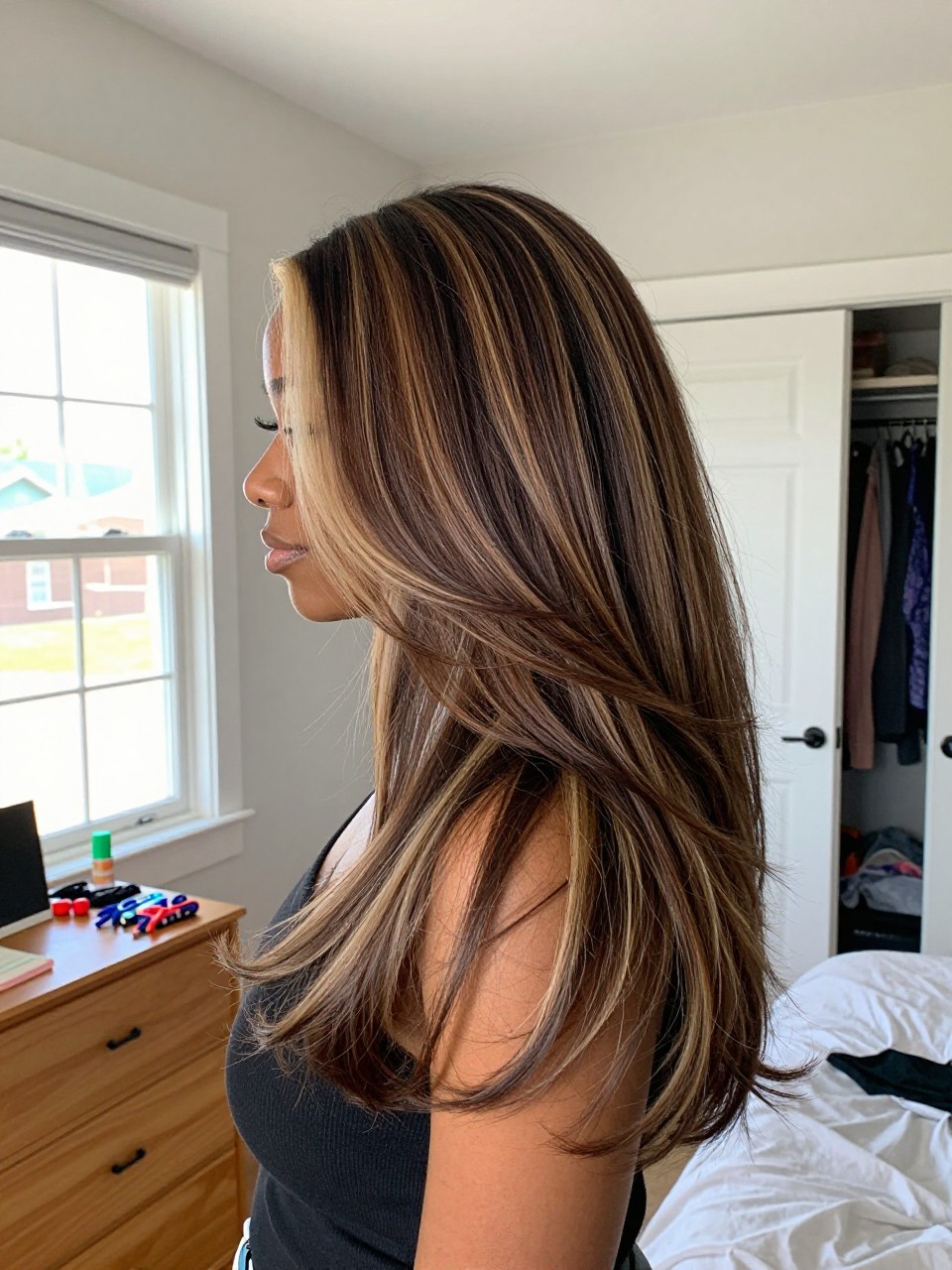 Photo of a black woman wearing long layered brunette hair with beige blonde highlights and soft movement, side profile view, in a sun-drenched bedroom, natural window light, containing a small lived-in detail such as sectioning clips on the dresser and a slightly open closet behind, latest iPhone photo quality.