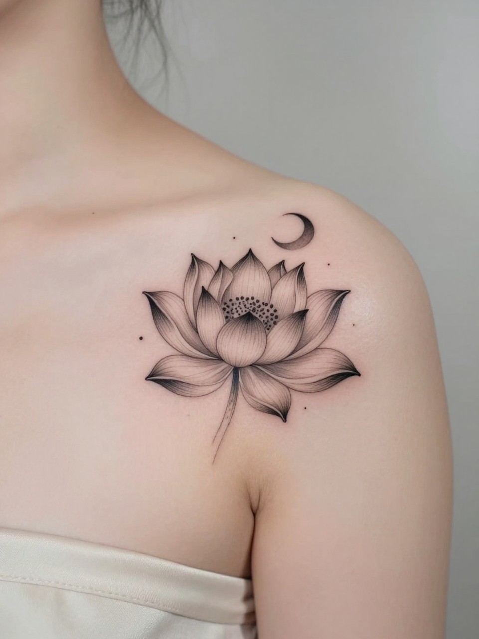 Image Prompt: "Extreme close-up of a lotus flower and tiny crescent moon tattoo on the shoulder blade, black ink fine line style, soft shading in the petals, delicate celestial detail, realistic skin texture, satin strap softly visible at the edge, design-focused crop, clean soft background, feminine modern tattoo inspiration photography (no watermarks on images)"
