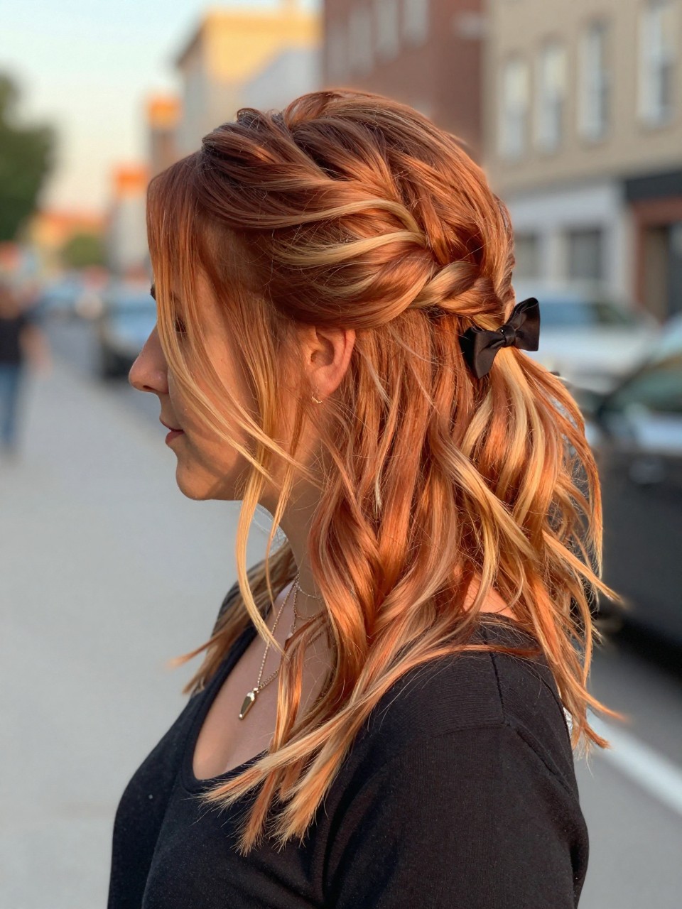 Photo of a woman wearing a half-up twisted hairstyle on copper hair with warm blonde highlights through the loose lengths, side profile view, in a softly blurred city street background, golden hour glow, containing a small lived-in detail such as a bow clip at the back and layered necklaces, latest iPhone photo quality.