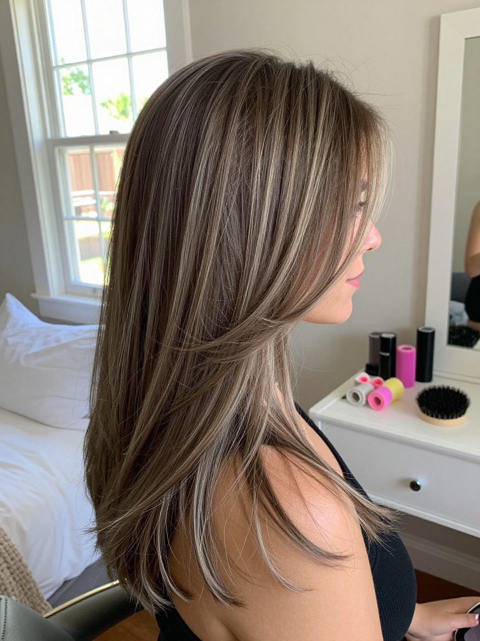 Photo of a woman wearing a side part ash brown blowout with taupe highlights, side profile view, in a sun-drenched bedroom, natural window light, containing a small lived-in detail such as velcro rollers on the vanity and a round brush nearby, latest iPhone photo quality.