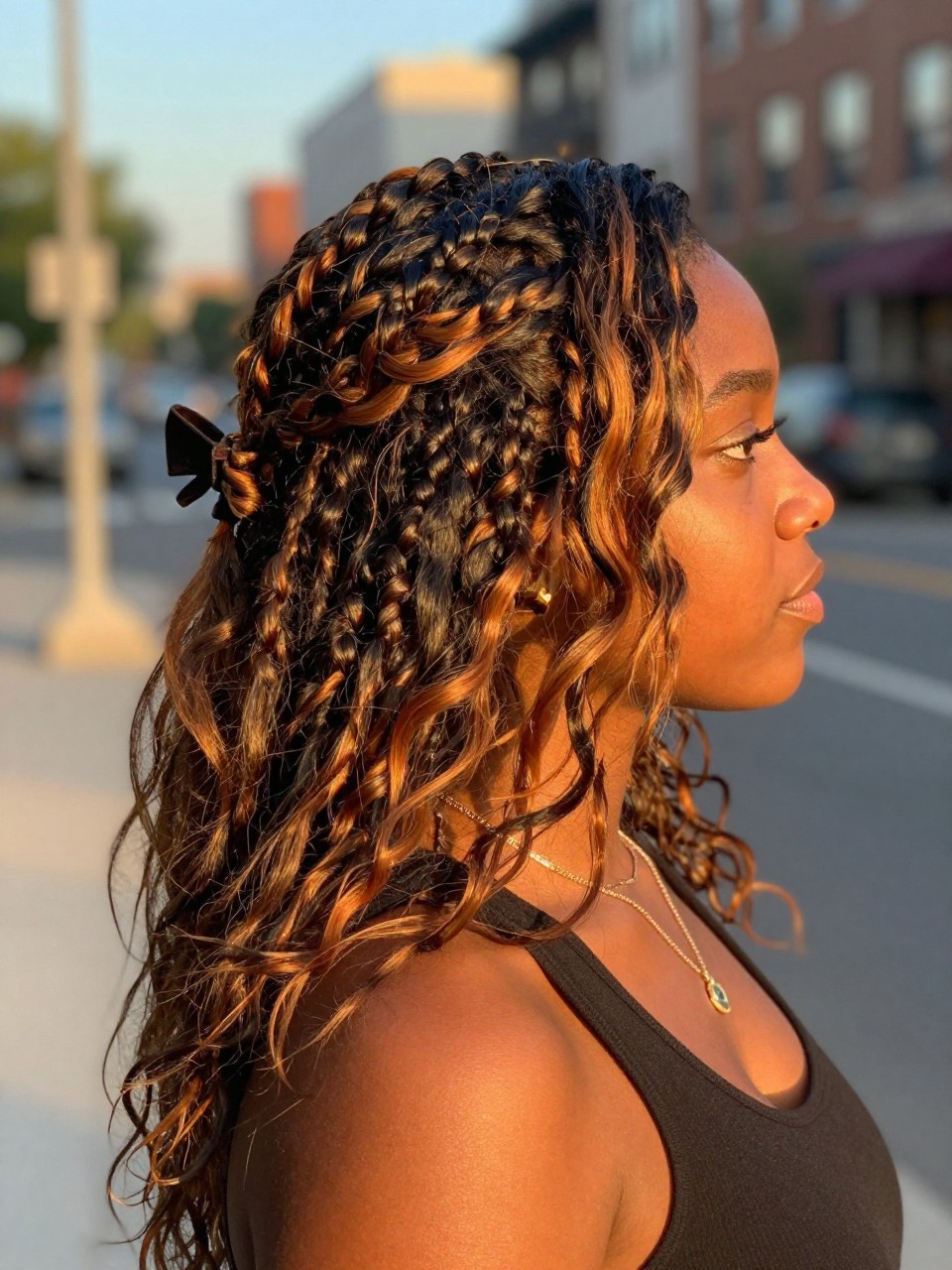 Photo of a black woman wearing a half-up twisted hairstyle on dark hair with warm honey highlights through the loose lengths, side profile view, in a softly blurred city street background, golden hour glow, containing a small lived-in detail such as a bow clip at the back and layered necklaces, latest iPhone photo quality.