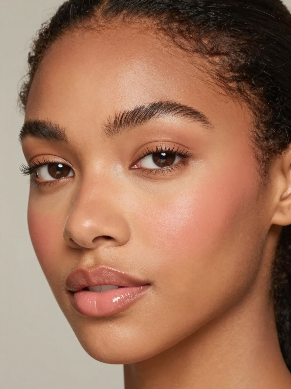 IMAGE_PROMPT: Super realistic close-up beauty portrait of a Black woman wearing clean girl makeup with bright under-eyes, lightly glowing skin, soft peach blush, soft peach nude glossy lips, natural separated lashes, and softly groomed brows, shot from a three-quarter view, with soft natural light that clearly reveals the brightened complexion and realistic skin texture, realistic skin texture, sleek pulled-back hair, minimal neutral background, feminine modern beauty photography, latest iPhone photo quality (no watermarks on images).