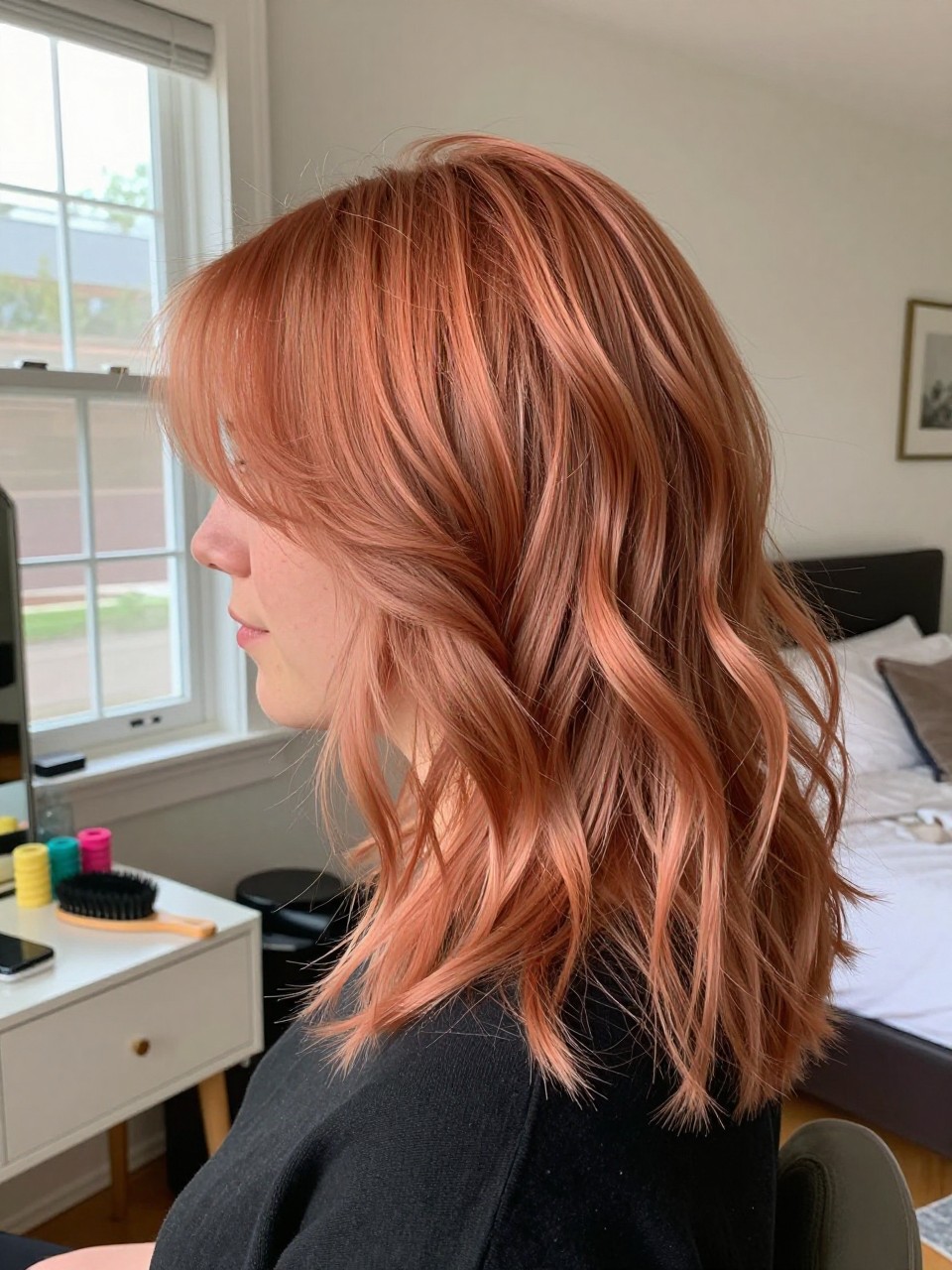 Photo of a woman wearing a layered ginger blowout with soft apricot highlights and bouncy ends, side profile view, in a sun-drenched bedroom, natural window light, containing a small lived-in detail such as velcro rollers on the vanity and a round brush nearby, latest iPhone photo quality.