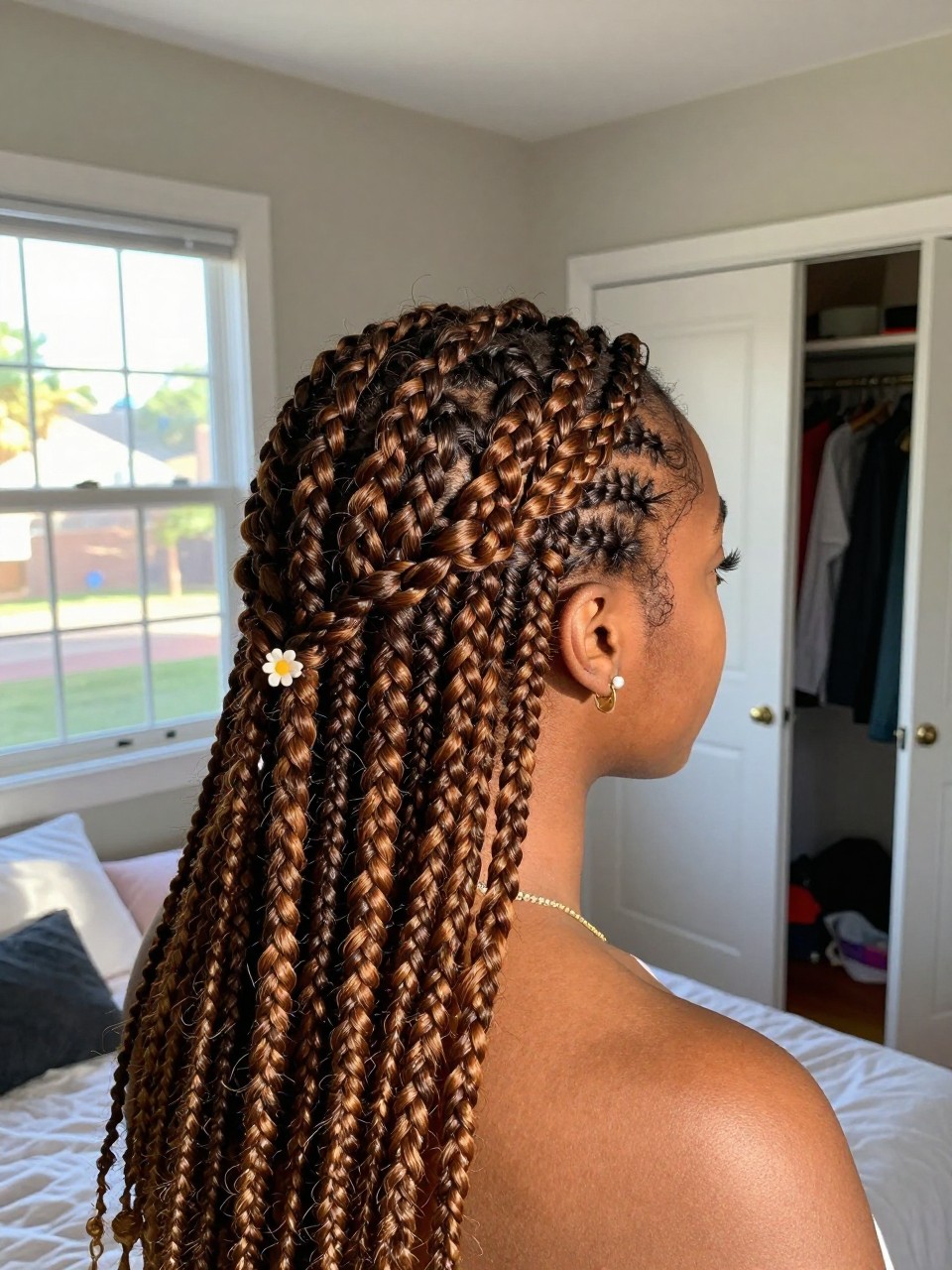 Photo of a black woman wearing a braided crown on brown hair with dark mocha highlights woven throughout, back-of-head view to highlight details, in a sun-drenched bedroom, natural window light, containing a small lived-in detail such as a tiny flower pin and a slightly open closet behind, latest iPhone photo quality.