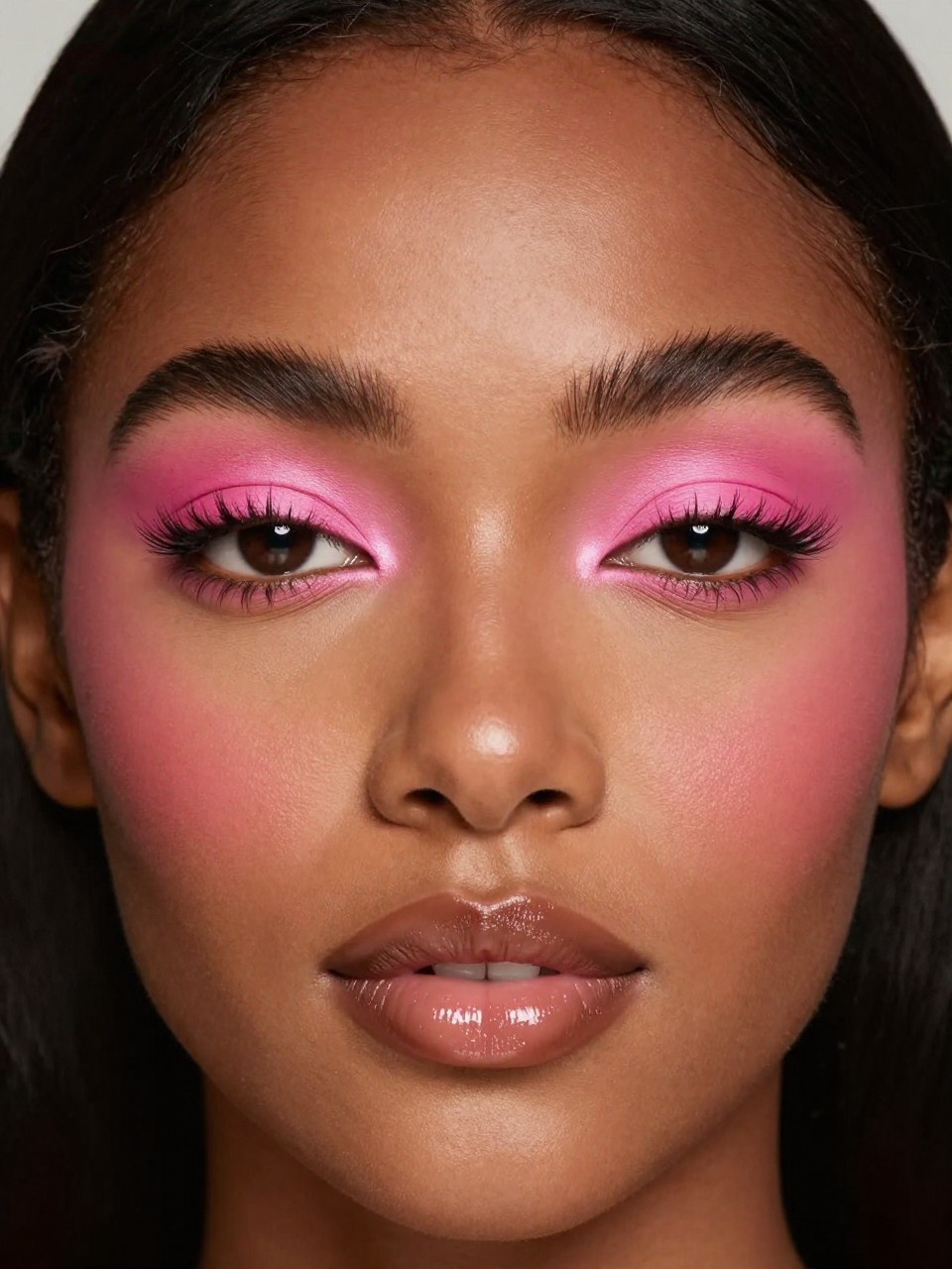 IMAGE_PROMPT: Super realistic close-up beauty portrait of a Black woman wearing bright pink eyeshadow across the lids with warm brown soft edges, smooth satin skin, warm rose blush, brown nude glossy lips, volumized lashes, and shaped full brows, shot from a front-facing portrait, with diffused beauty studio lighting that clearly reveals the vibrant pink eye color, gloss shine, and realistic skin texture, realistic skin texture, polished black hair, minimal neutral background, feminine modern beauty photography, latest iPhone photo quality (no watermarks on images).