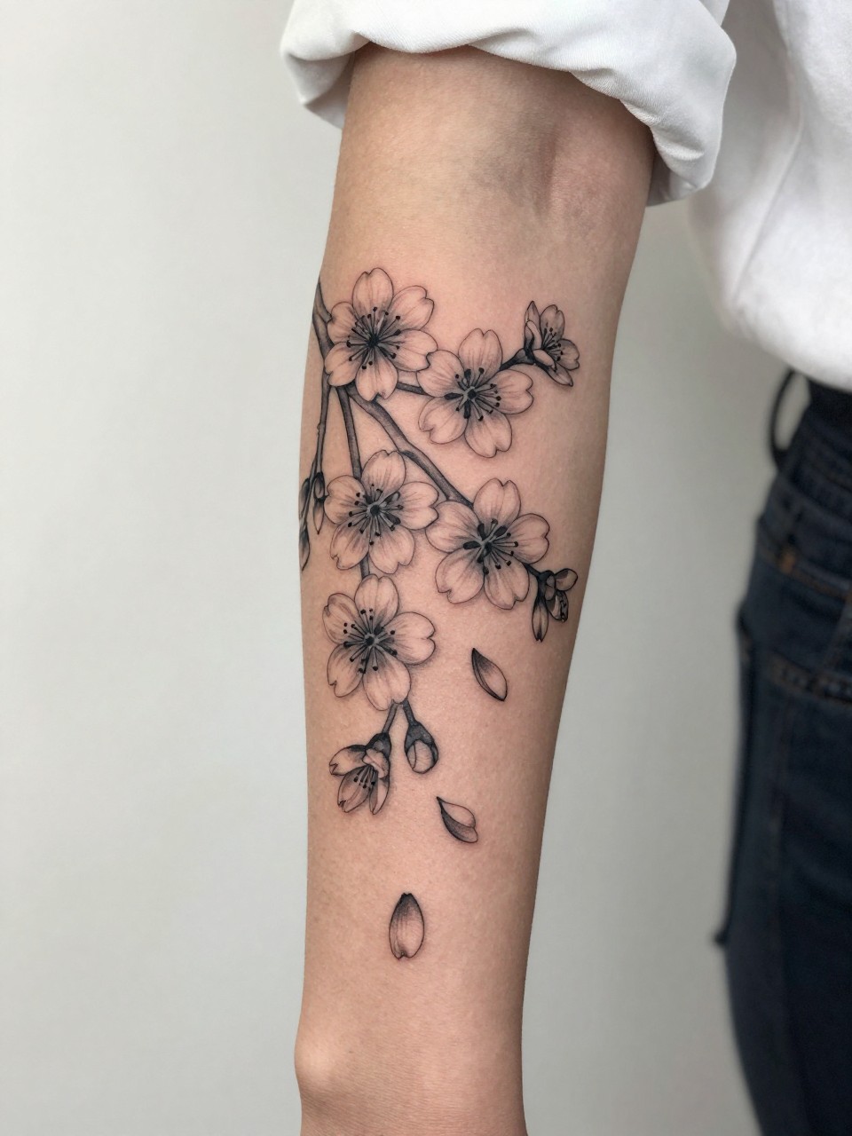 Image Prompt: "Design-focused close-up of a cherry blossom sleeve tattoo wrapping around a black woman arm, black and grey fine line sakura flowers with falling petals, soft shading, elegant branch flow, realistic skin texture, silk blouse cuff barely visible, feminine tattoo inspiration image, clean soft background, tattoo is the hero of the frame (no watermarks on images)"
