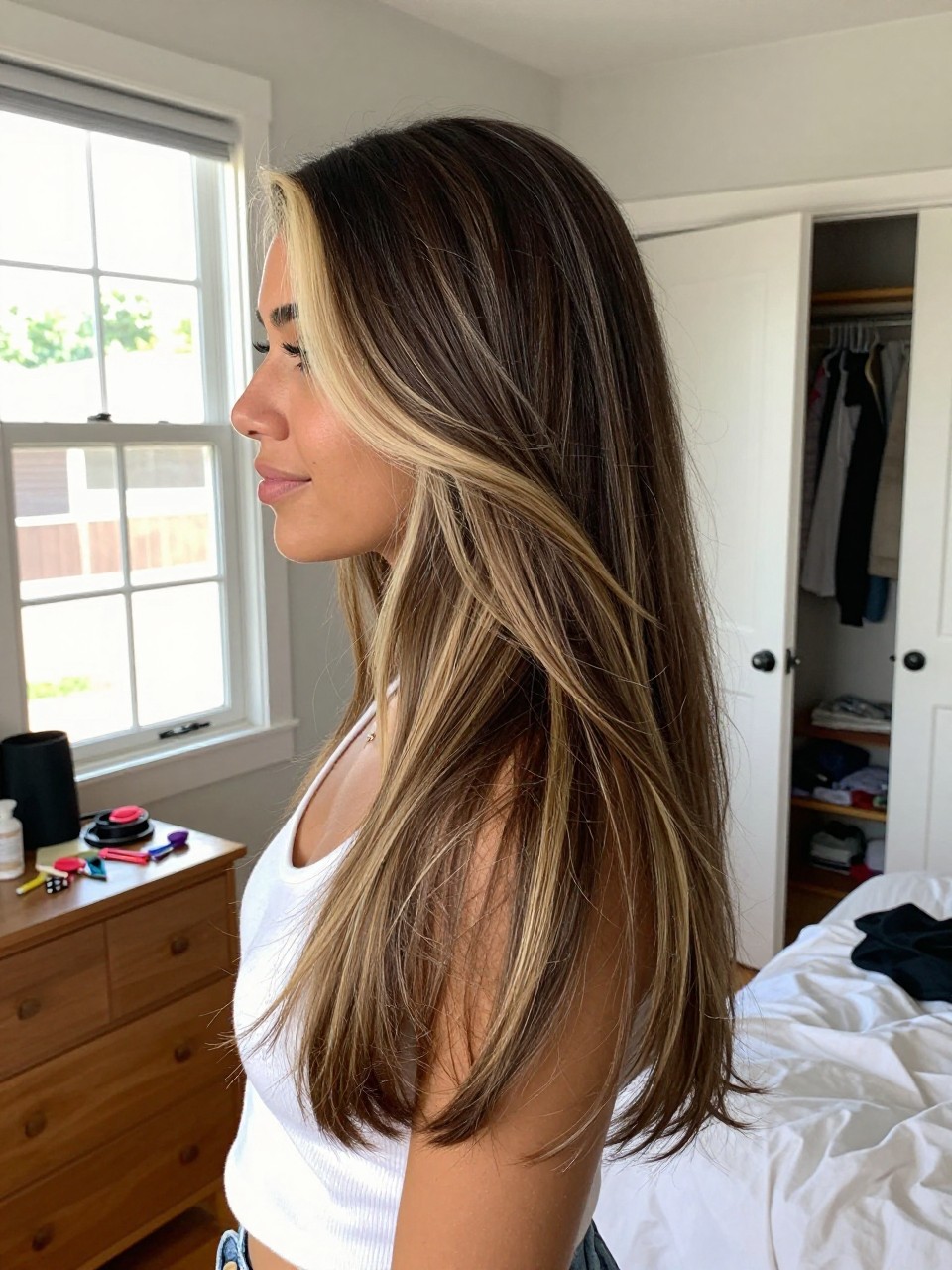 Photo of a biracial woman wearing long brunette layered hair with creamy blonde highlights and soft body, side profile view, in a sun-drenched bedroom, natural window light, containing a small lived-in detail such as sectioning clips on the dresser and a slightly open closet behind, latest iPhone photo quality.